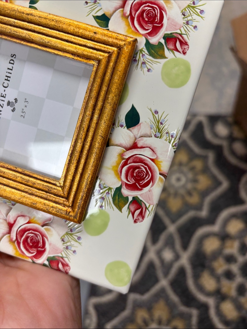MacKenzie-Childs Gold Floral Frame with Pink Roses and Green Polka Dots - Picture 2 of 8